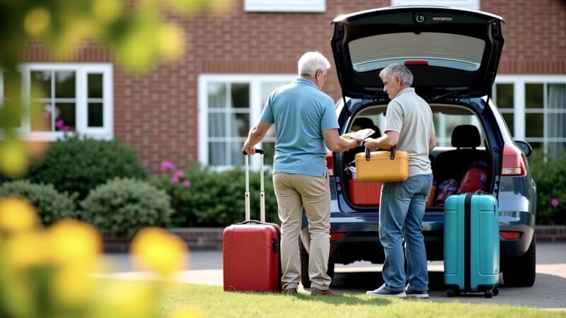 Deux personnes âgées qui mettent leurs bagages dans la voiture
