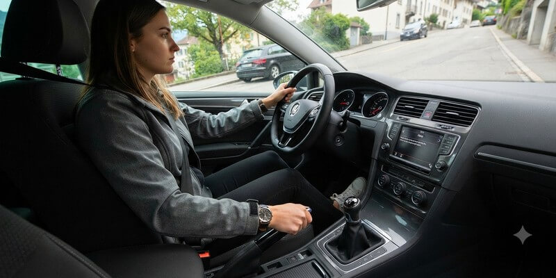 Femme utilisant le frein à main pour les pentes raides