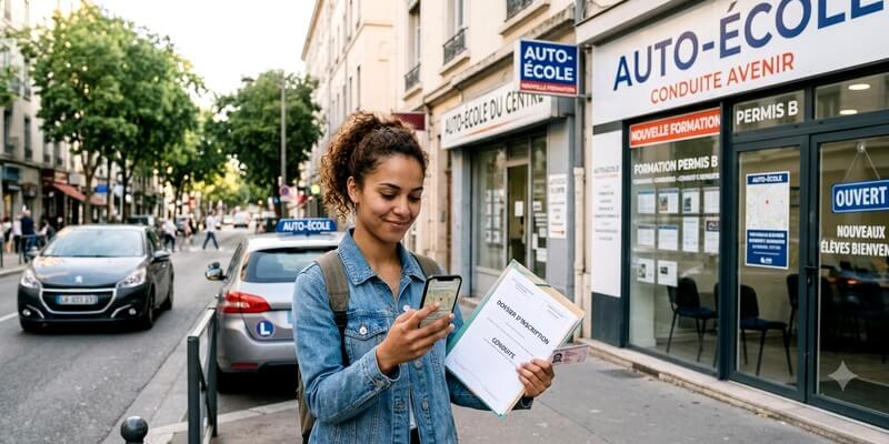 Jeune femme devant une auto-école