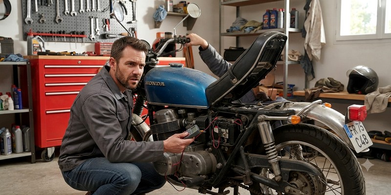 Motard avec sa moto qui ne démarre pas