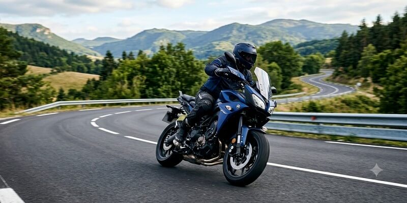 Motard sur une route prend un virage à moto