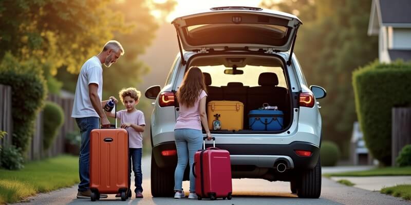 Père avec ses enfants qui met des bagages dans la voiture